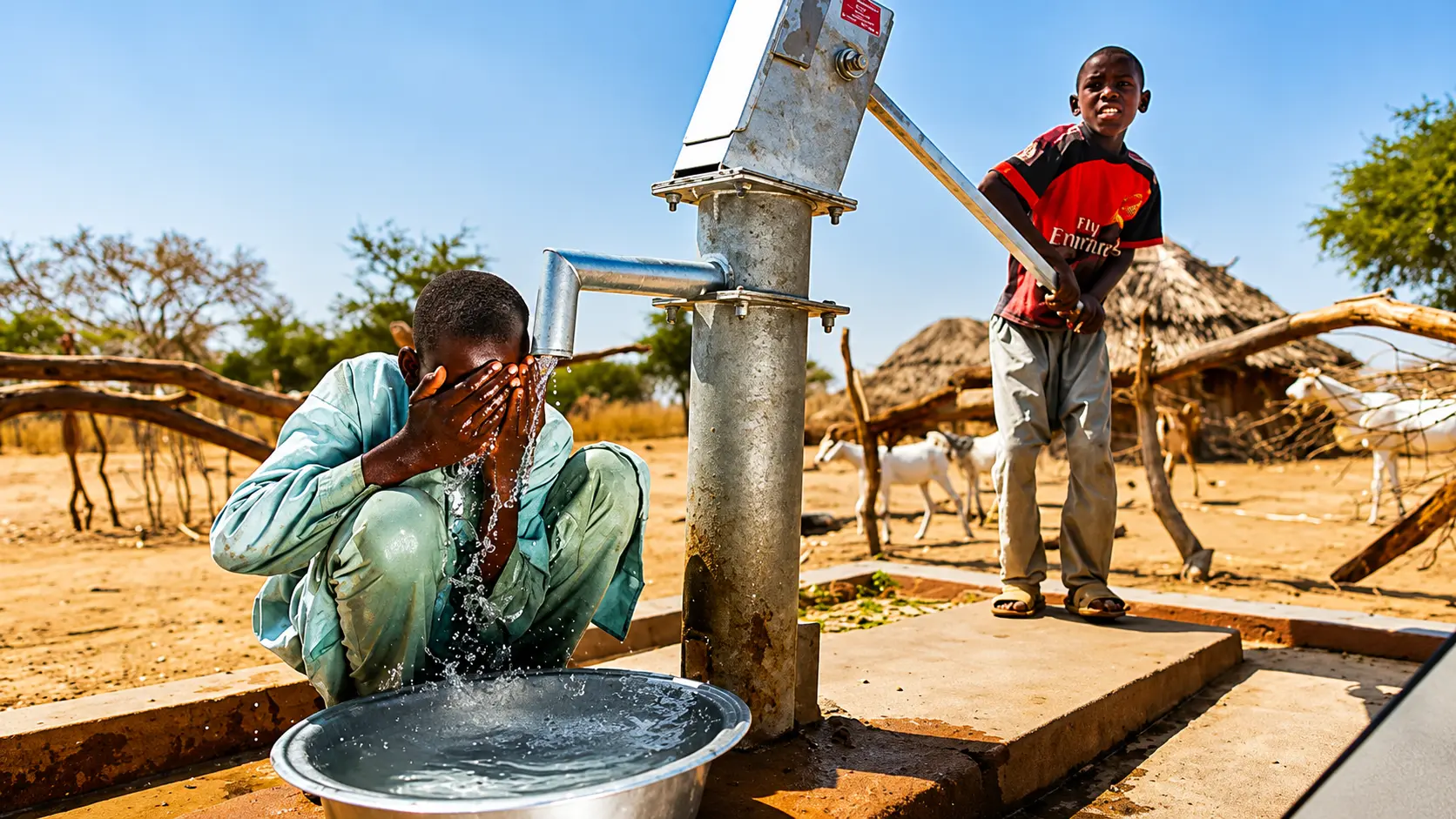 Des enfants utilisent un puits construit par l’association pour accéder à l’eau potable.